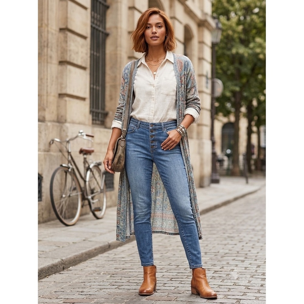 Cabi Jeans Women 12 Blue Button Fly Skinny Braided Waist Denim‎ Jeans